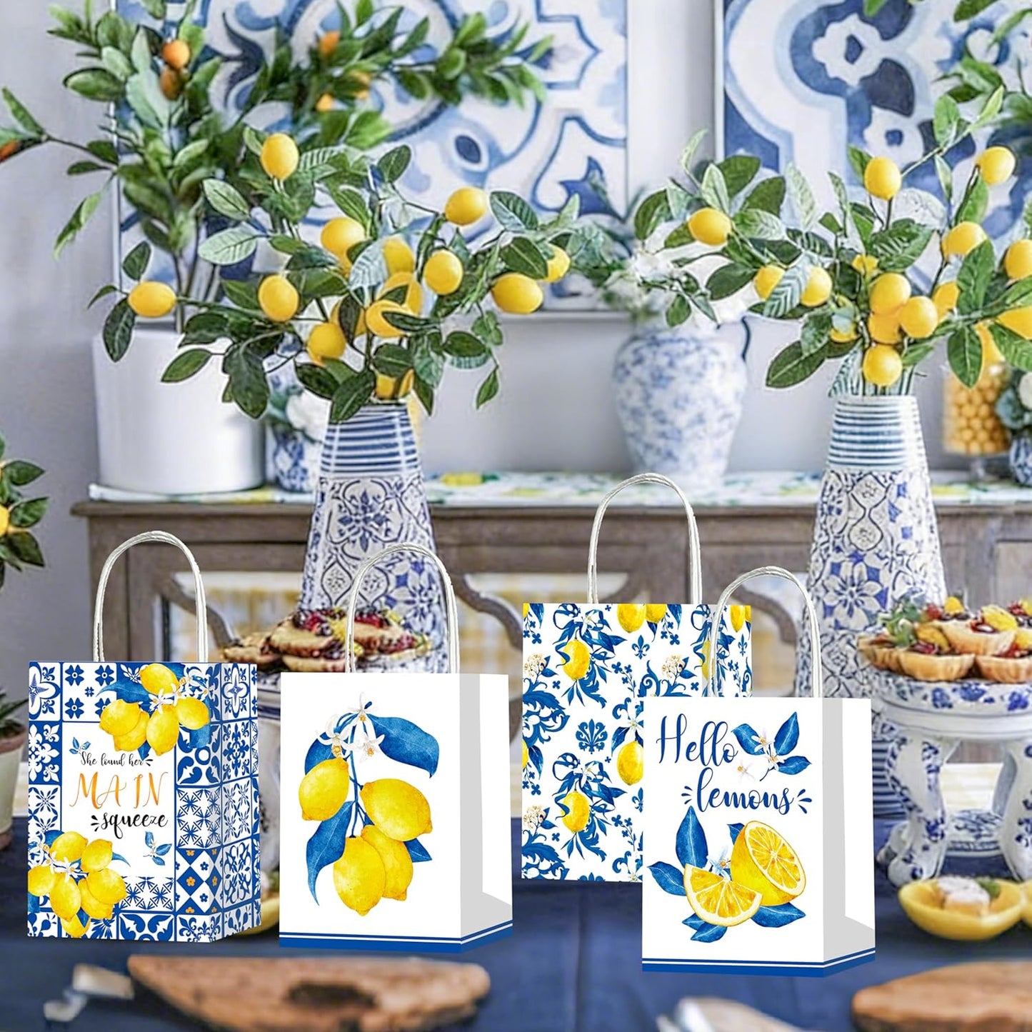 12Pcs Capri Lemon Themed Gift Bags Blue Tiles Yellow Lemon Treat Bags with Handles for Amalfi Coast Party, Birthday, Summer Fruit Themed Party Favors, Capri Lemon Baby Shower Supplies