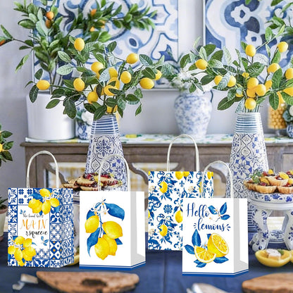 12Pcs Capri Lemon Themed Gift Bags Blue Tiles Yellow Lemon Treat Bags with Handles for Amalfi Coast Party, Birthday, Summer Fruit Themed Party Favors, Capri Lemon Baby Shower Supplies