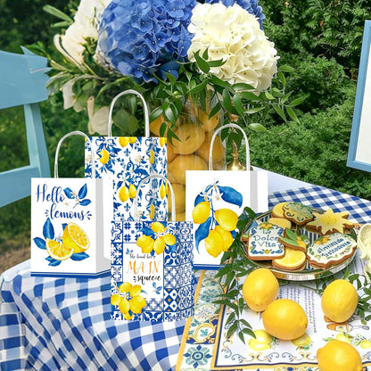12Pcs Capri Lemon Themed Gift Bags Blue Tiles Yellow Lemon Treat Bags with Handles for Amalfi Coast Party, Birthday, Summer Fruit Themed Party Favors, Capri Lemon Baby Shower Supplies
