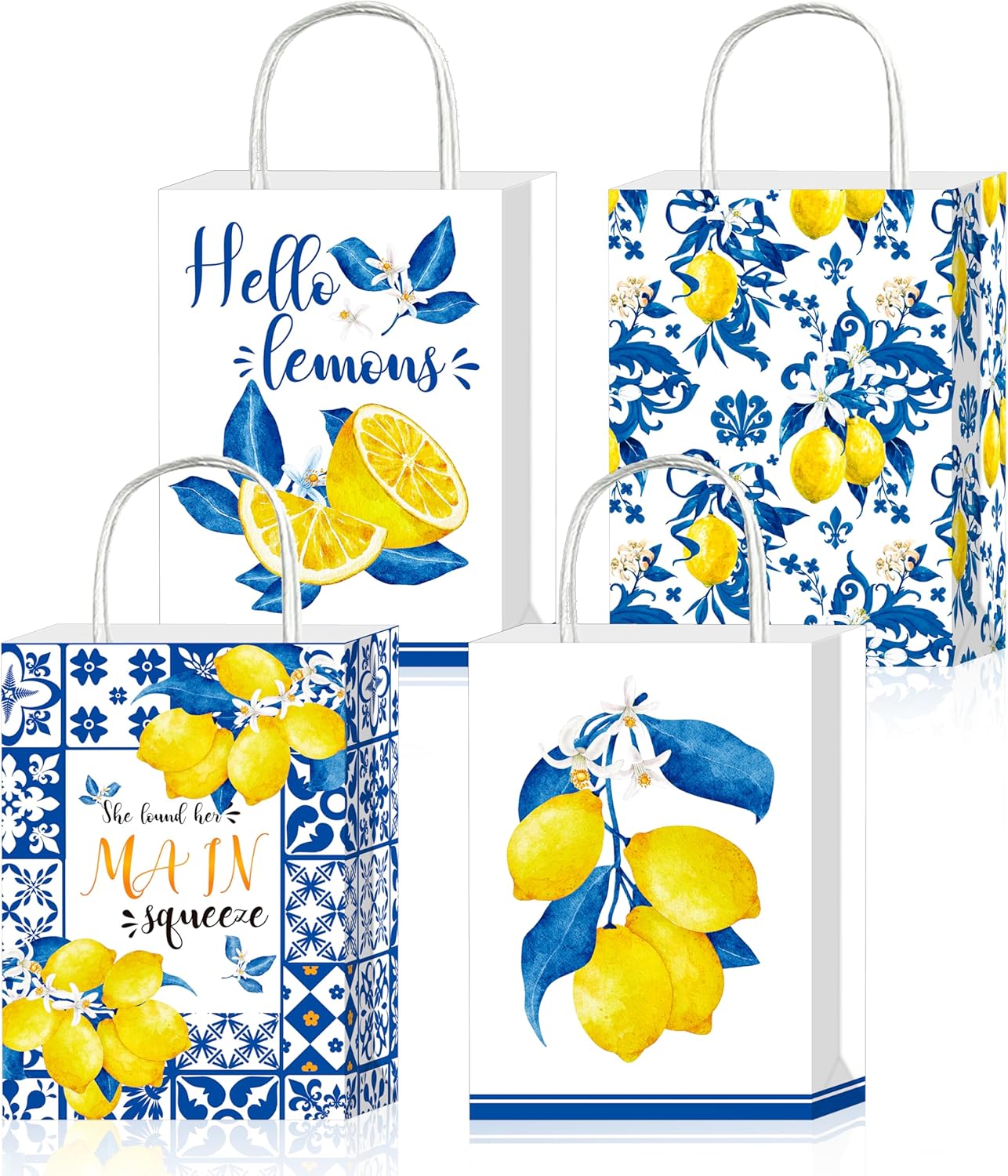 12Pcs Capri Lemon Themed Gift Bags Blue Tiles Yellow Lemon Treat Bags with Handles for Amalfi Coast Party, Birthday, Summer Fruit Themed Party Favors, Capri Lemon Baby Shower Supplies