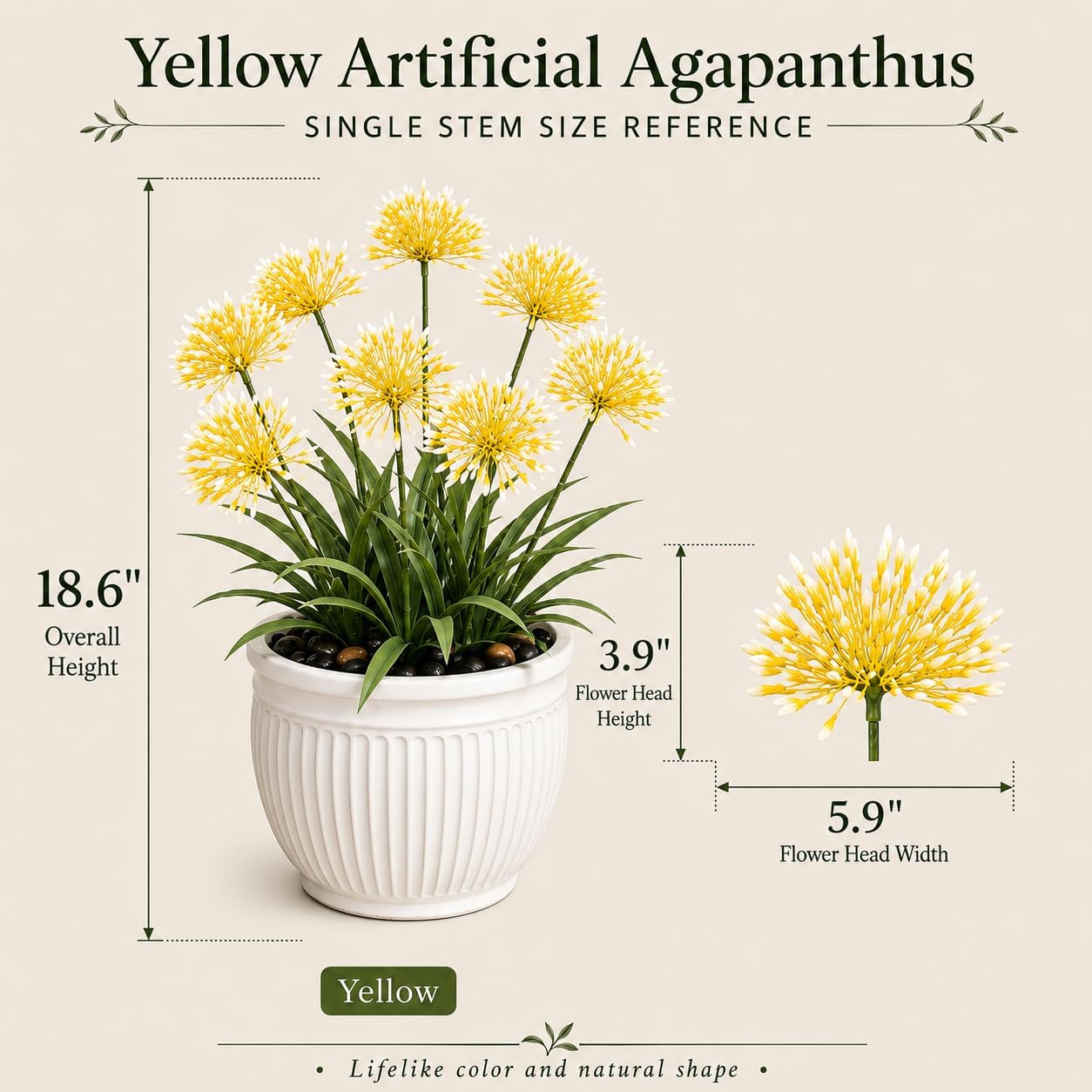Artificial Agapanthus Flowers - 18.6'' Tall 8-Stem Faux Outdoor Plant, UV-Resistant Fake Flower Arrangement for Porch, Patio, Balcony, Garden, and Front Door Decor - Yellow