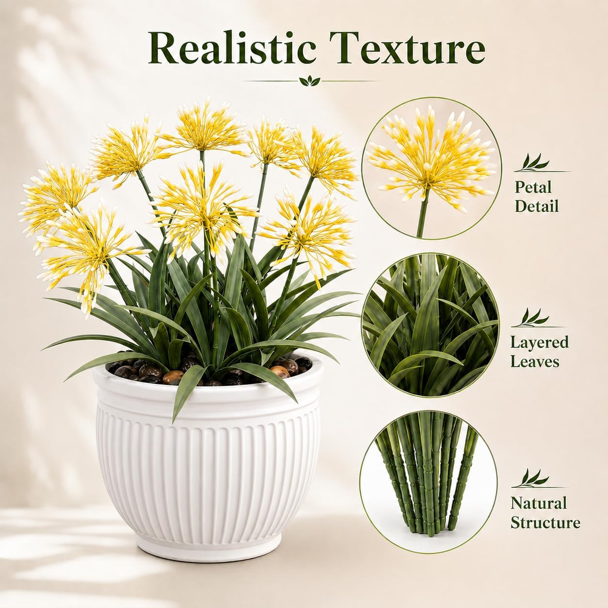 Artificial Agapanthus Flowers - 18.6'' Tall 8-Stem Faux Outdoor Plant, UV-Resistant Fake Flower Arrangement for Porch, Patio, Balcony, Garden, and Front Door Decor - Yellow