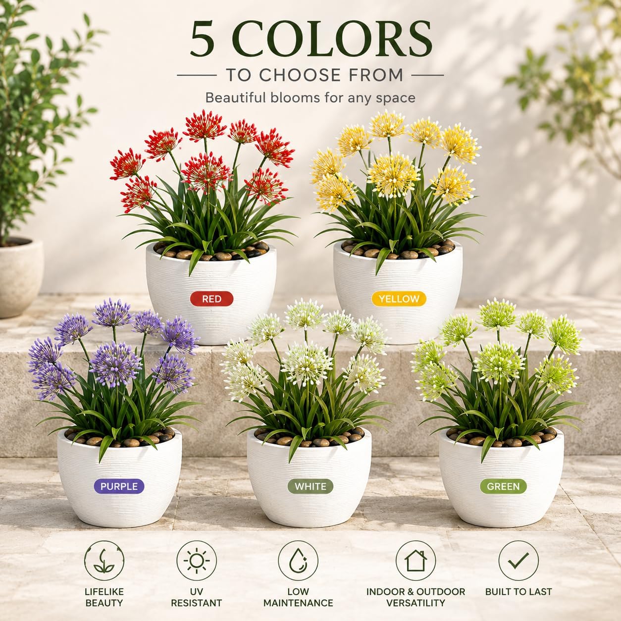 Artificial Agapanthus Flowers - 18.6'' Tall 8-Stem Faux Outdoor Plant, UV-Resistant Fake Flower Arrangement for Porch, Patio, Balcony, Garden, and Front Door Decor - Yellow