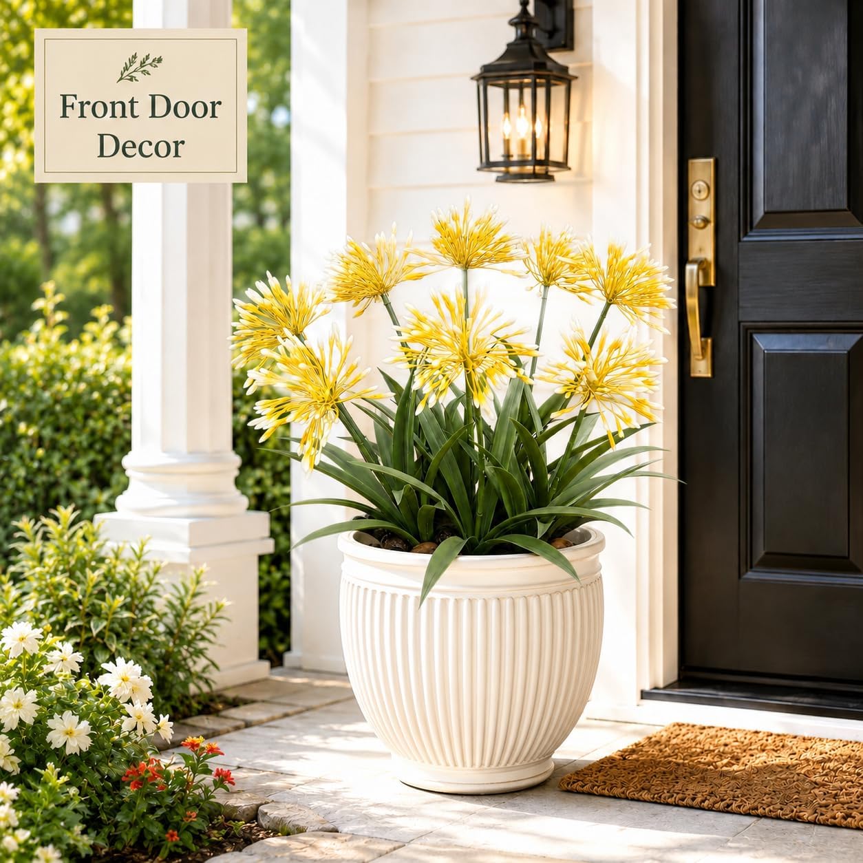 Artificial Agapanthus Flowers - 18.6'' Tall 8-Stem Faux Outdoor Plant, UV-Resistant Fake Flower Arrangement for Porch, Patio, Balcony, Garden, and Front Door Decor - Yellow