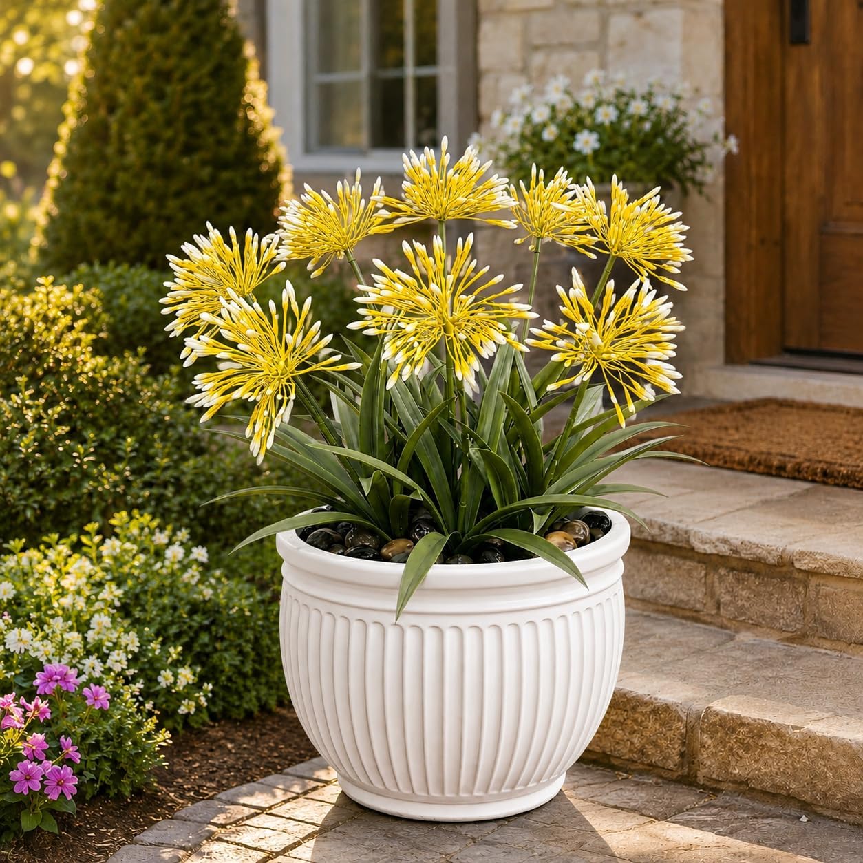 Artificial Agapanthus Flowers - 18.6'' Tall 8-Stem Faux Outdoor Plant, UV-Resistant Fake Flower Arrangement for Porch, Patio, Balcony, Garden, and Front Door Decor - Yellow