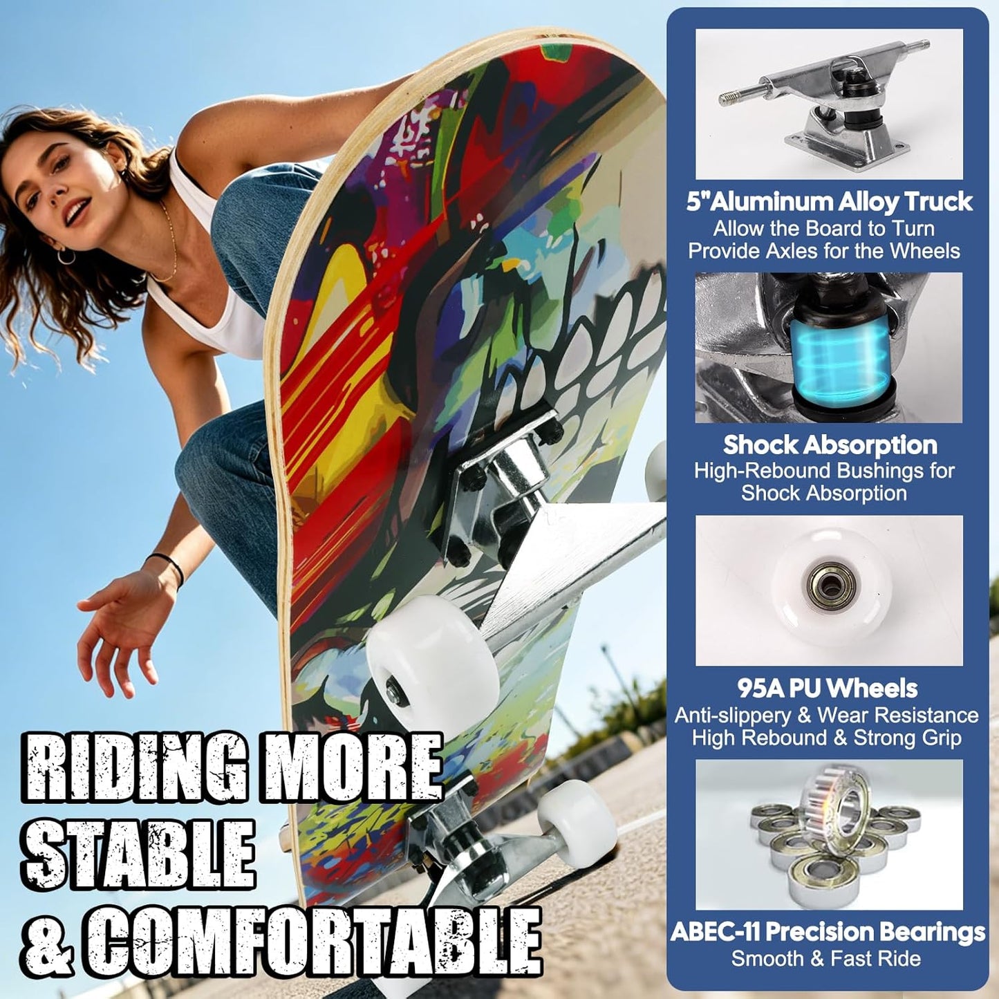 Skateboards for Beginners Adults Youths Teens Kids Girls Boys 31 Inch Pro Complete Skate Boards 7 Layer Canadian Maple Double Kick Concave Longboards