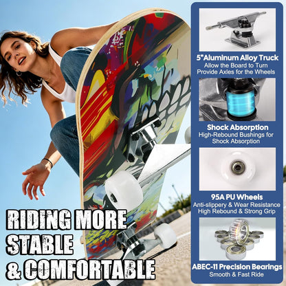 Skateboards for Beginners Adults Youths Teens Kids Girls Boys 31 Inch Pro Complete Skate Boards 7 Layer Canadian Maple Double Kick Concave Longboards