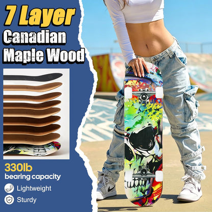 Skateboards for Beginners Adults Youths Teens Kids Girls Boys 31 Inch Pro Complete Skate Boards 7 Layer Canadian Maple Double Kick Concave Longboards