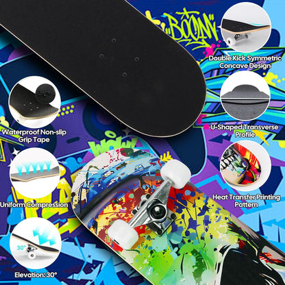 Skateboards for Beginners Adults Youths Teens Kids Girls Boys 31 Inch Pro Complete Skate Boards 7 Layer Canadian Maple Double Kick Concave Longboards