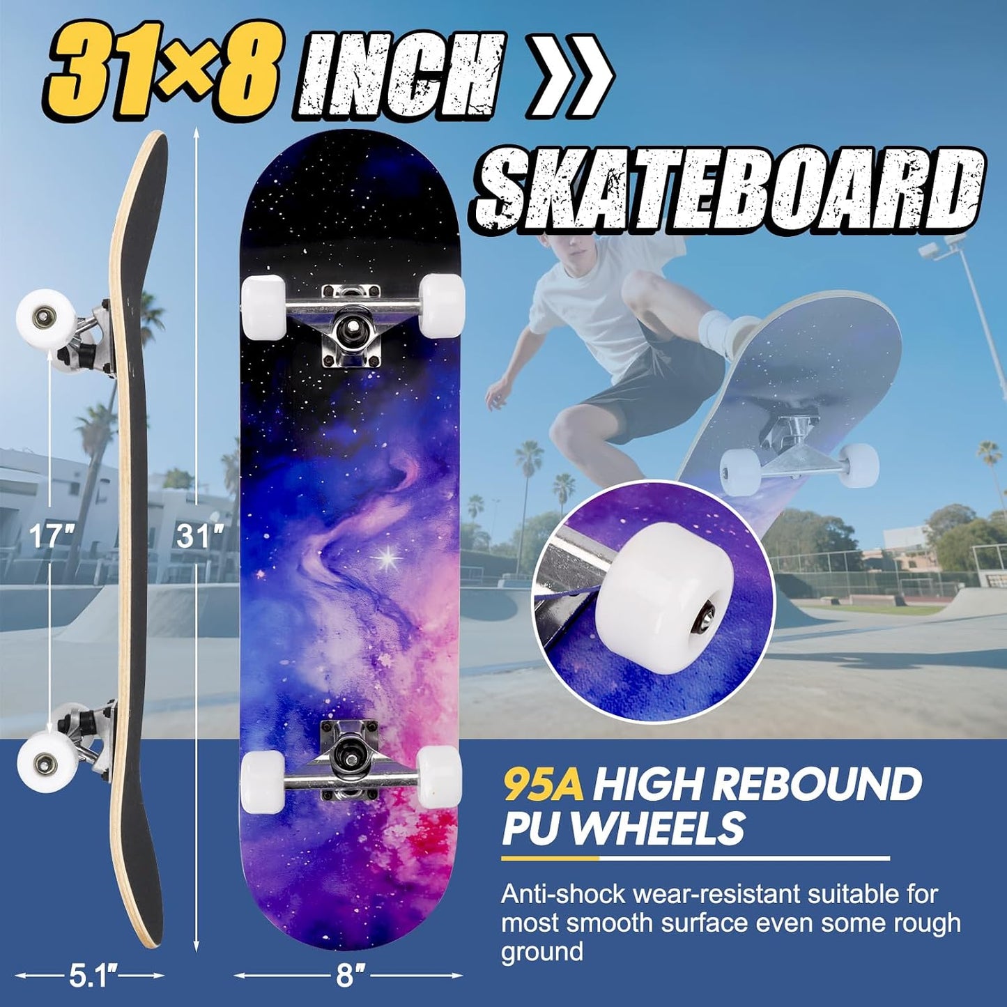 Skateboards for Beginners Adults Youths Teens Kids Girls Boys 31 Inch Pro Complete Skate Boards 7 Layer Canadian Maple Double Kick Concave Longboards