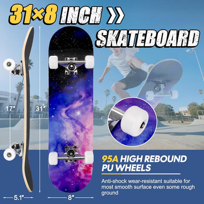 Skateboards for Beginners Adults Youths Teens Kids Girls Boys 31 Inch Pro Complete Skate Boards 7 Layer Canadian Maple Double Kick Concave Longboards