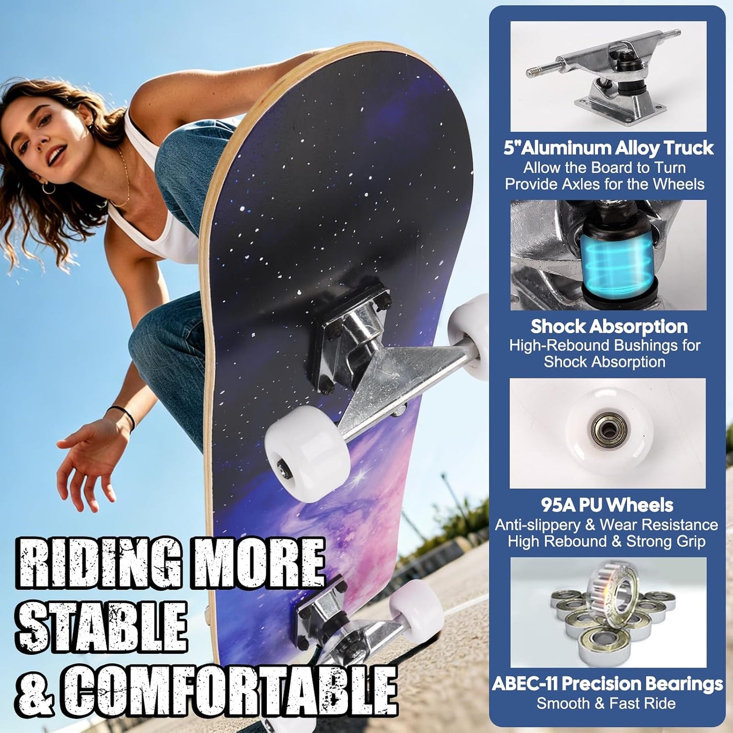Skateboards for Beginners Adults Youths Teens Kids Girls Boys 31 Inch Pro Complete Skate Boards 7 Layer Canadian Maple Double Kick Concave Longboards
