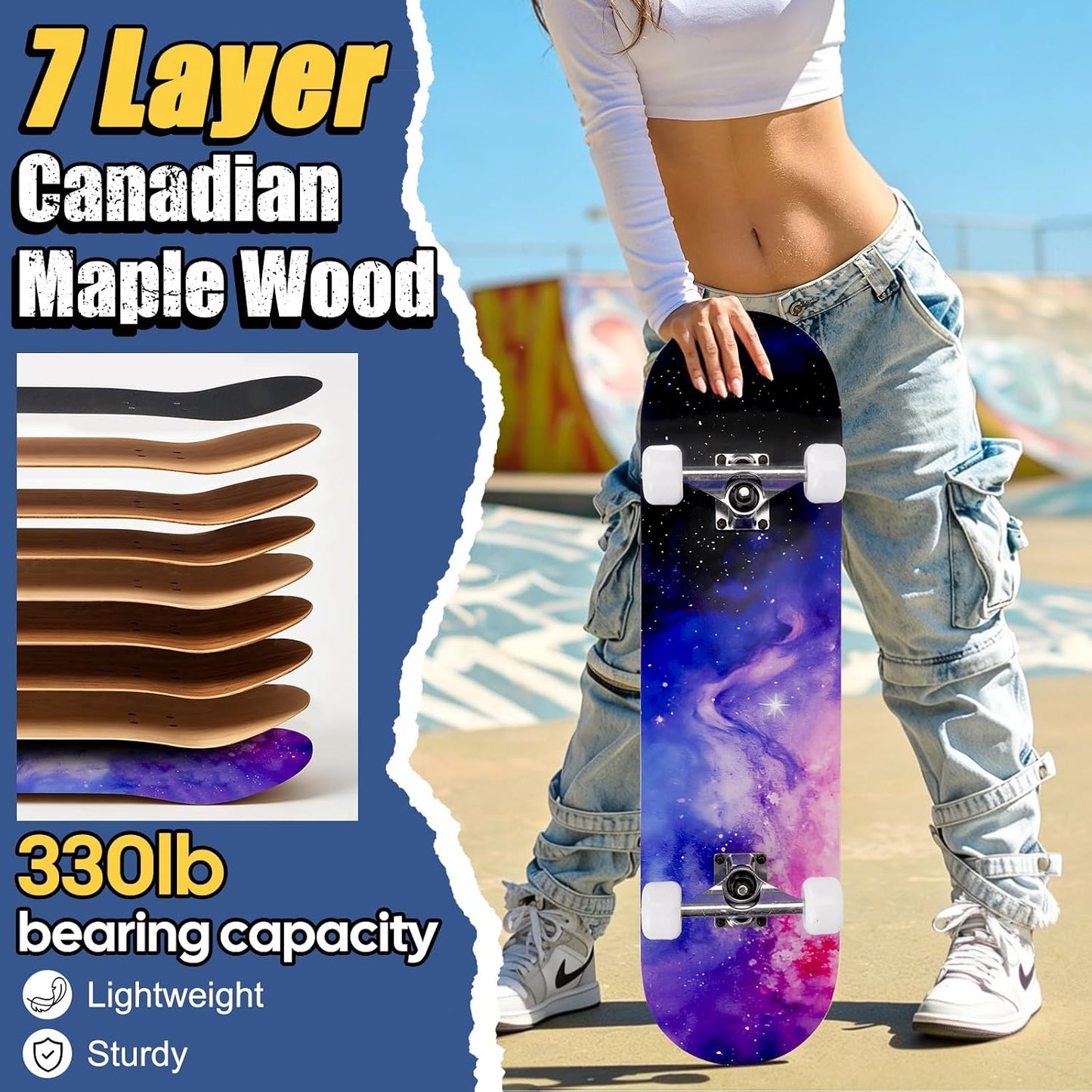Skateboards for Beginners Adults Youths Teens Kids Girls Boys 31 Inch Pro Complete Skate Boards 7 Layer Canadian Maple Double Kick Concave Longboards