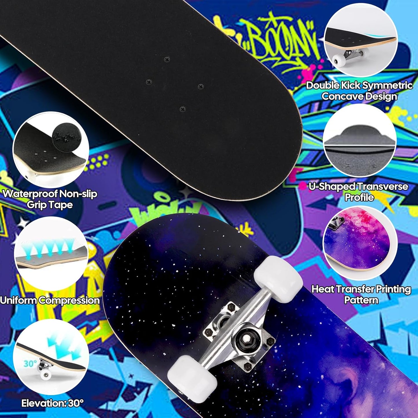 Skateboards for Beginners Adults Youths Teens Kids Girls Boys 31 Inch Pro Complete Skate Boards 7 Layer Canadian Maple Double Kick Concave Longboards