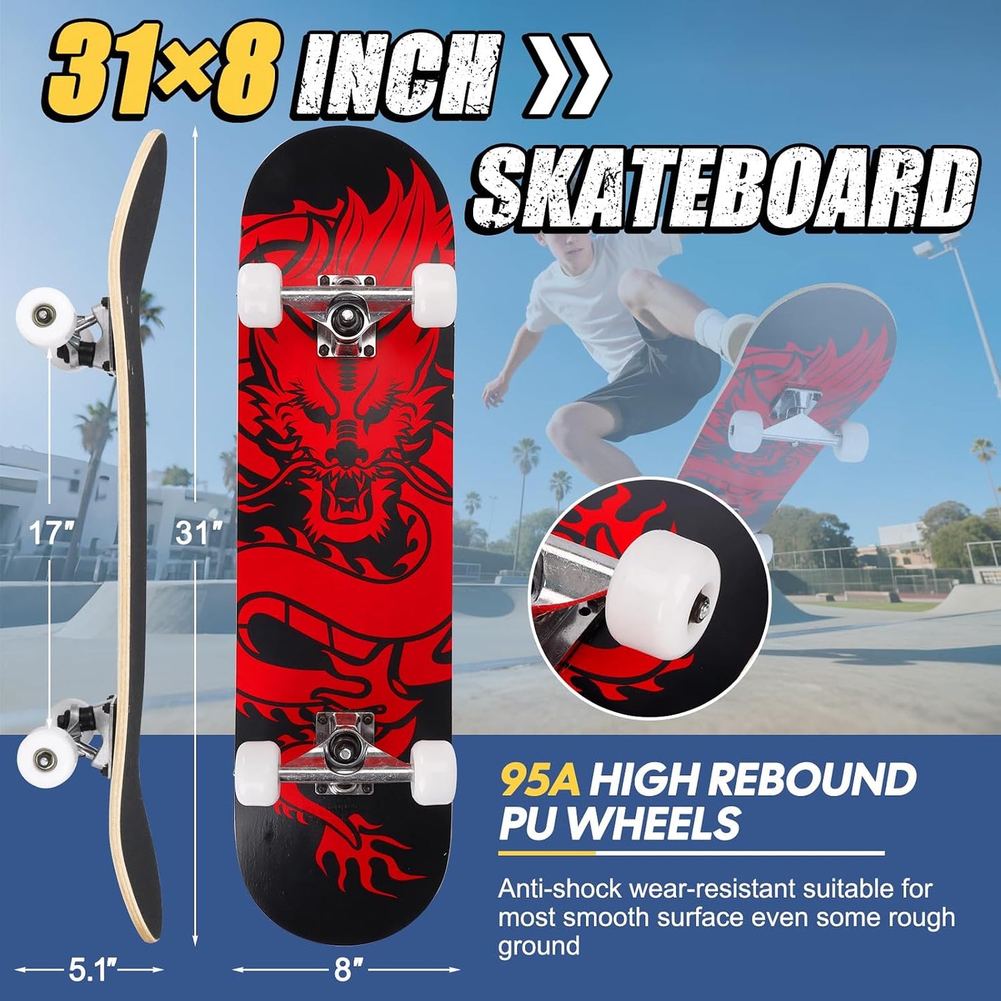 Skateboards for Beginners Adults Youths Teens Kids Girls Boys 31 Inch Pro Complete Skate Boards 7 Layer Canadian Maple Double Kick Concave Longboards