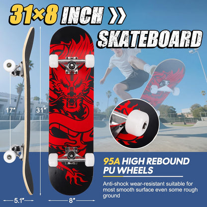 Skateboards for Beginners Adults Youths Teens Kids Girls Boys 31 Inch Pro Complete Skate Boards 7 Layer Canadian Maple Double Kick Concave Longboards