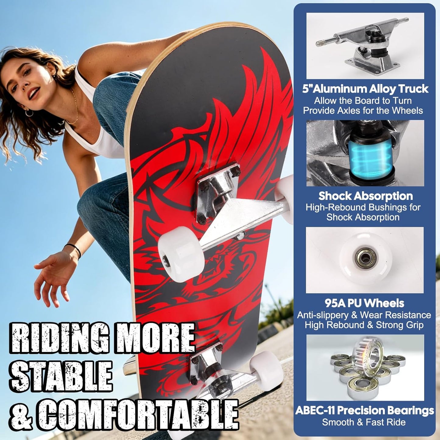 Skateboards for Beginners Adults Youths Teens Kids Girls Boys 31 Inch Pro Complete Skate Boards 7 Layer Canadian Maple Double Kick Concave Longboards