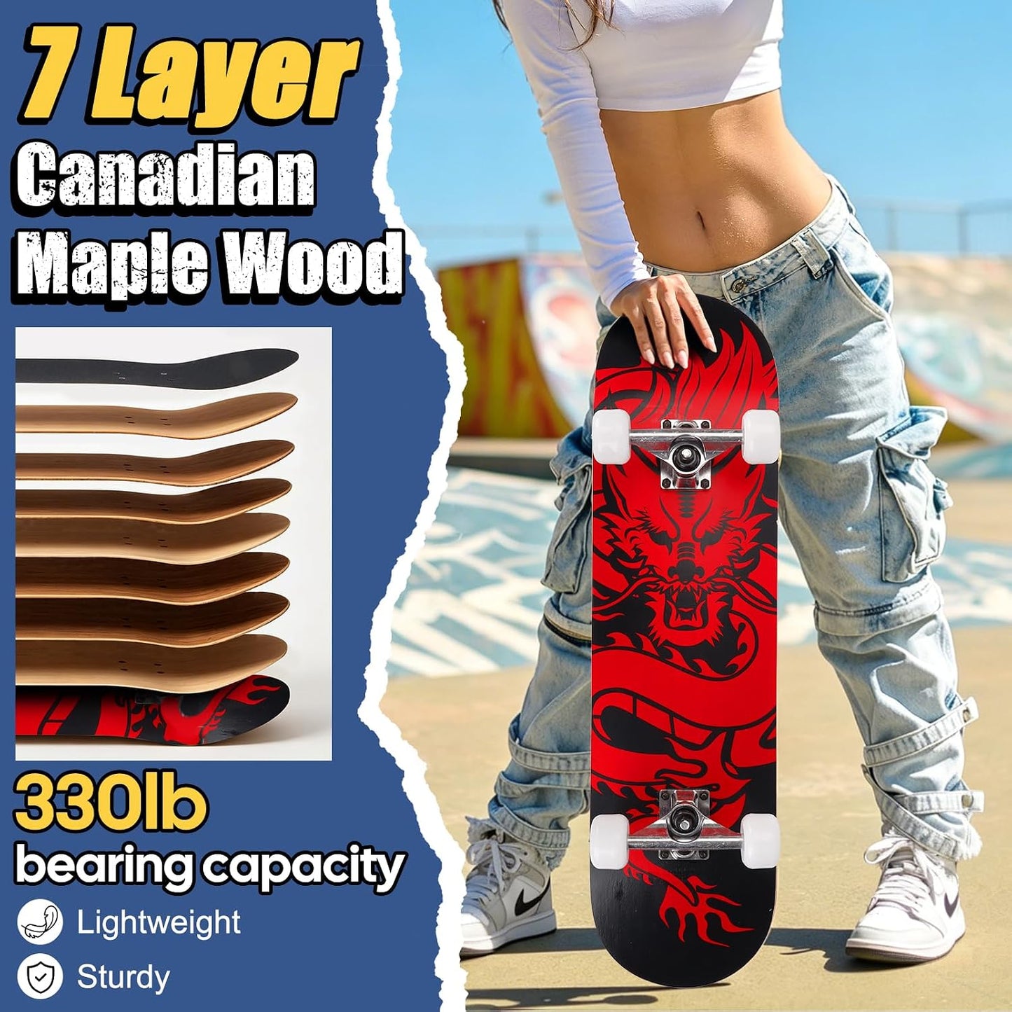 Skateboards for Beginners Adults Youths Teens Kids Girls Boys 31 Inch Pro Complete Skate Boards 7 Layer Canadian Maple Double Kick Concave Longboards