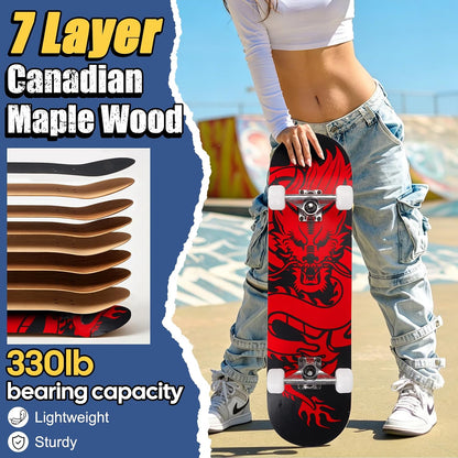 Skateboards for Beginners Adults Youths Teens Kids Girls Boys 31 Inch Pro Complete Skate Boards 7 Layer Canadian Maple Double Kick Concave Longboards