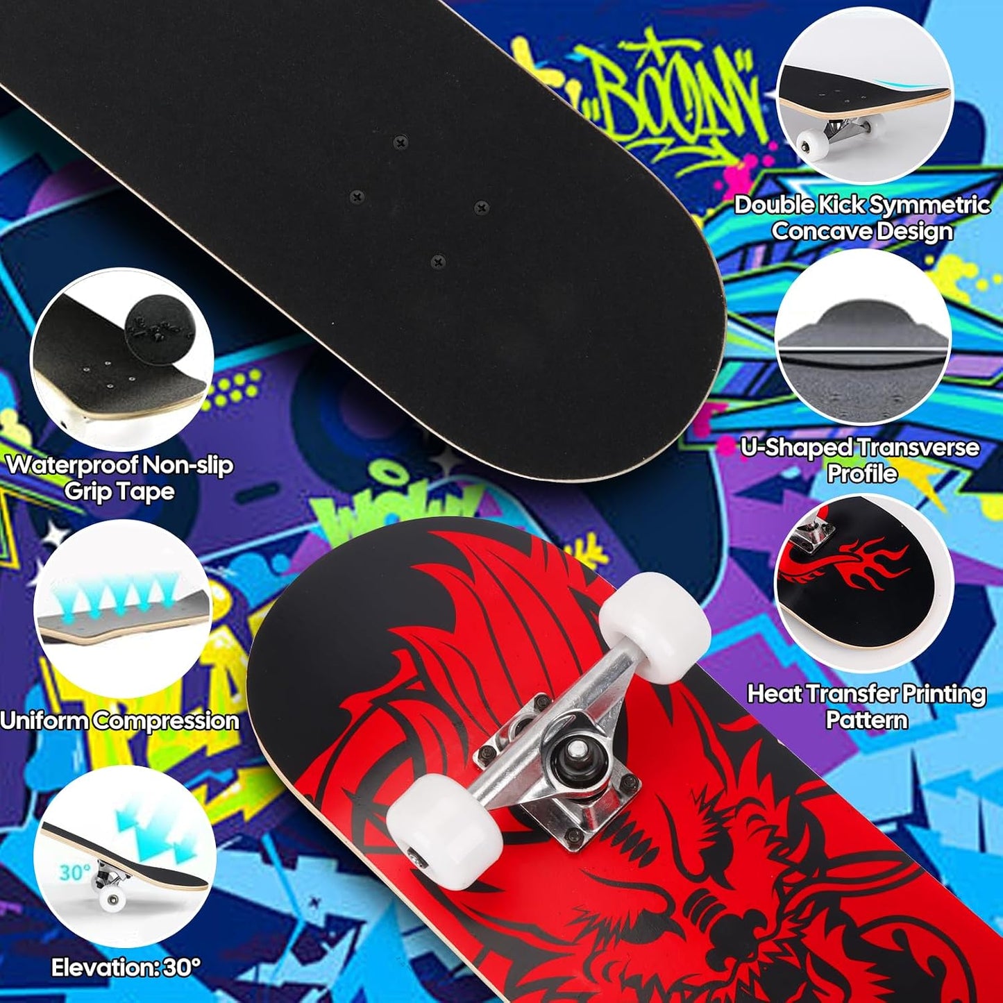 Skateboards for Beginners Adults Youths Teens Kids Girls Boys 31 Inch Pro Complete Skate Boards 7 Layer Canadian Maple Double Kick Concave Longboards