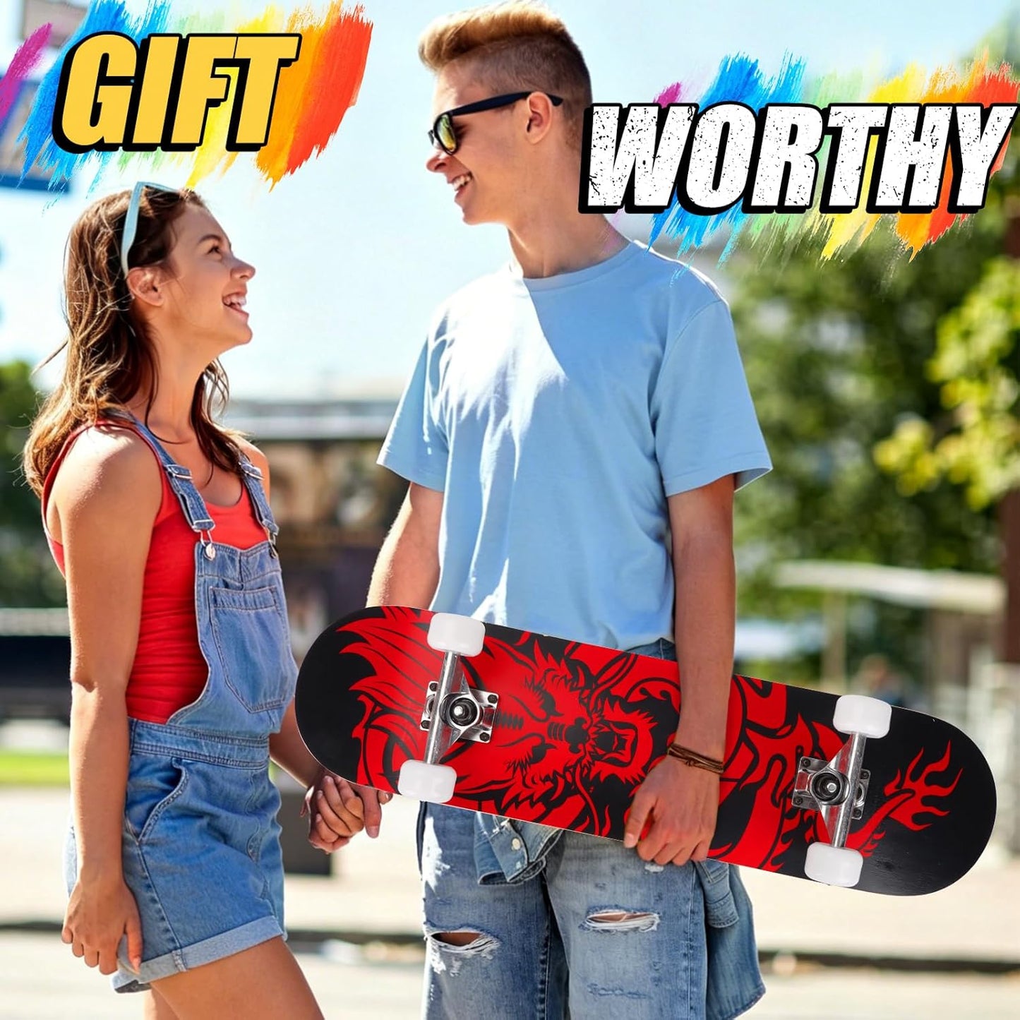 Skateboards for Beginners Adults Youths Teens Kids Girls Boys 31 Inch Pro Complete Skate Boards 7 Layer Canadian Maple Double Kick Concave Longboards