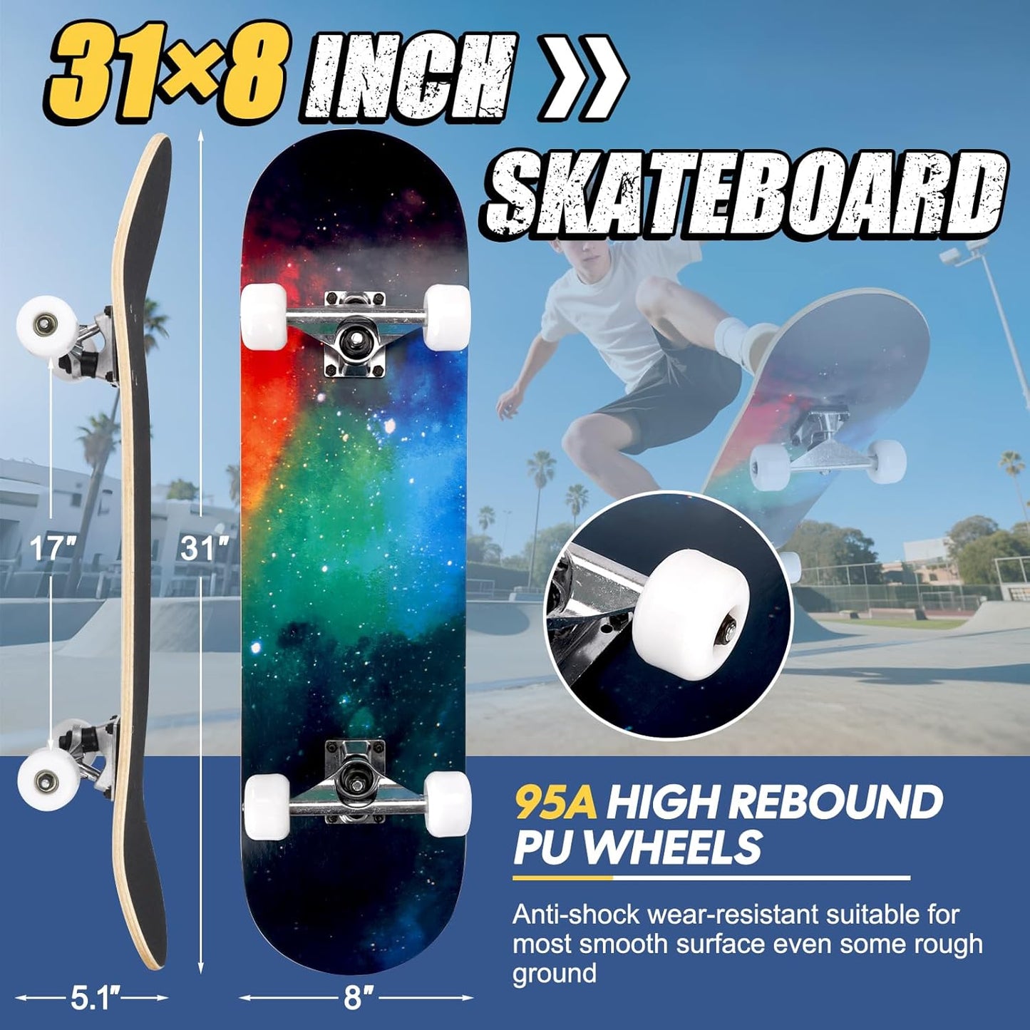 Skateboards for Beginners Adults Youths Teens Kids Girls Boys 31 Inch Pro Complete Skate Boards 7 Layer Canadian Maple Double Kick Concave Longboards