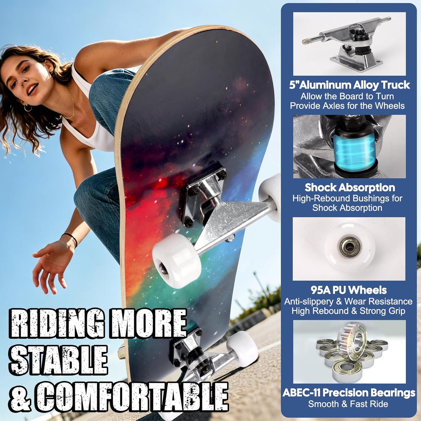 Skateboards for Beginners Adults Youths Teens Kids Girls Boys 31 Inch Pro Complete Skate Boards 7 Layer Canadian Maple Double Kick Concave Longboards