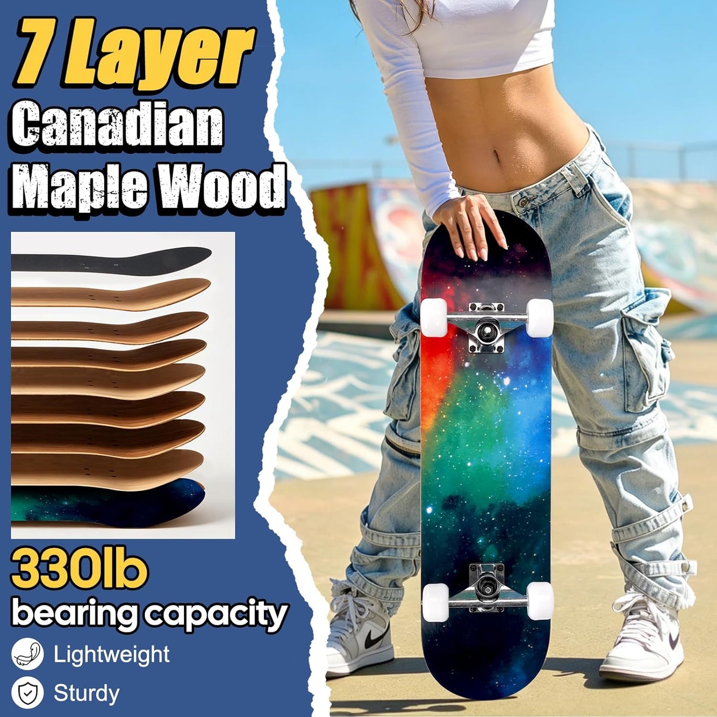Skateboards for Beginners Adults Youths Teens Kids Girls Boys 31 Inch Pro Complete Skate Boards 7 Layer Canadian Maple Double Kick Concave Longboards