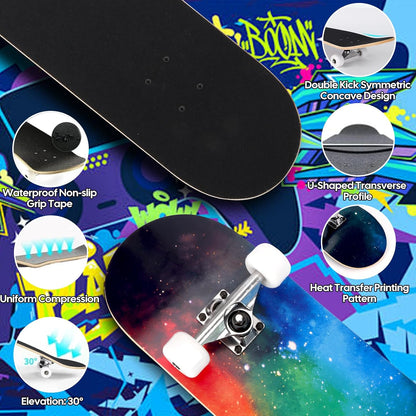 Skateboards for Beginners Adults Youths Teens Kids Girls Boys 31 Inch Pro Complete Skate Boards 7 Layer Canadian Maple Double Kick Concave Longboards