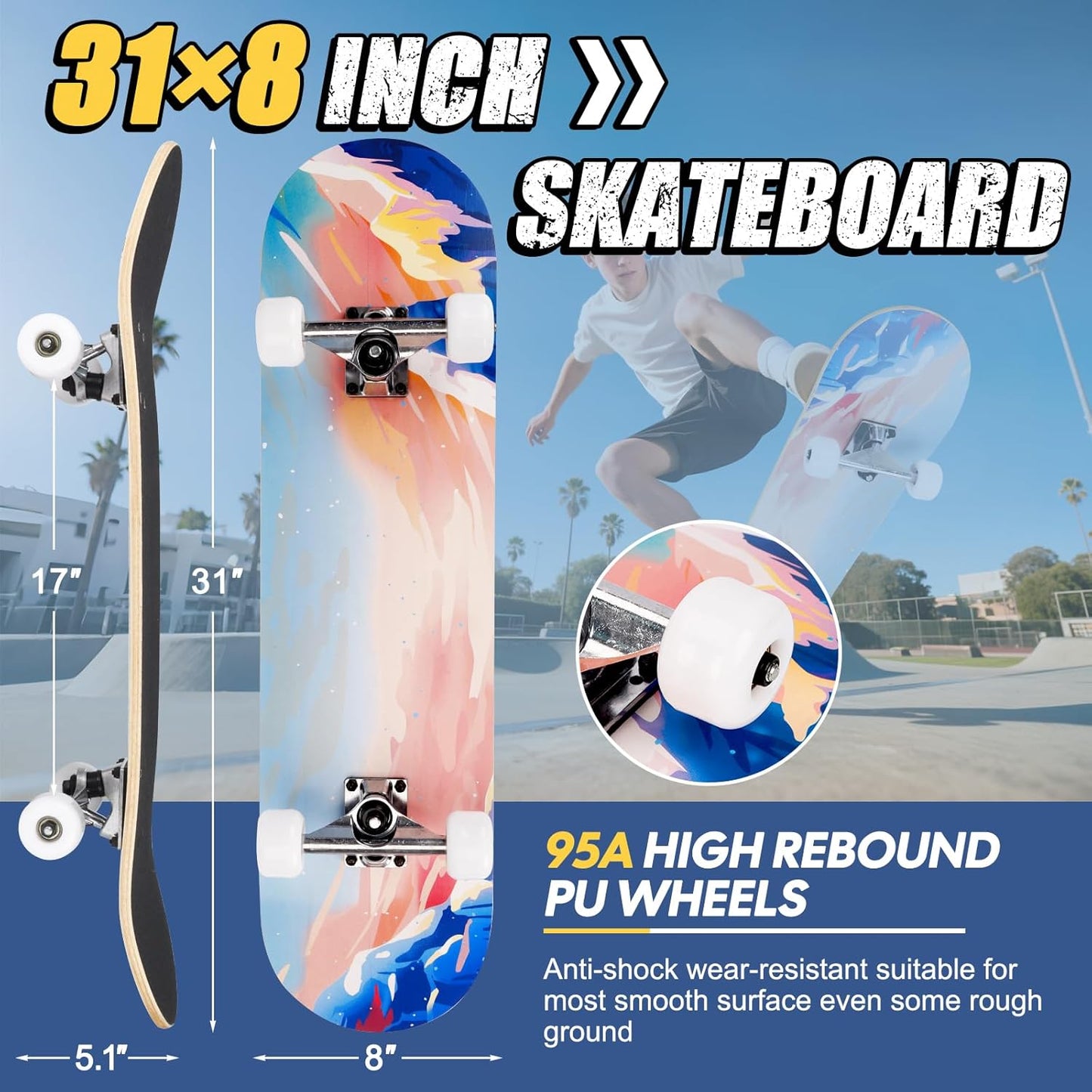Skateboards for Beginners Adults Youths Teens Kids Girls Boys 31 Inch Pro Complete Skate Boards 7 Layer Canadian Maple Double Kick Concave Longboards