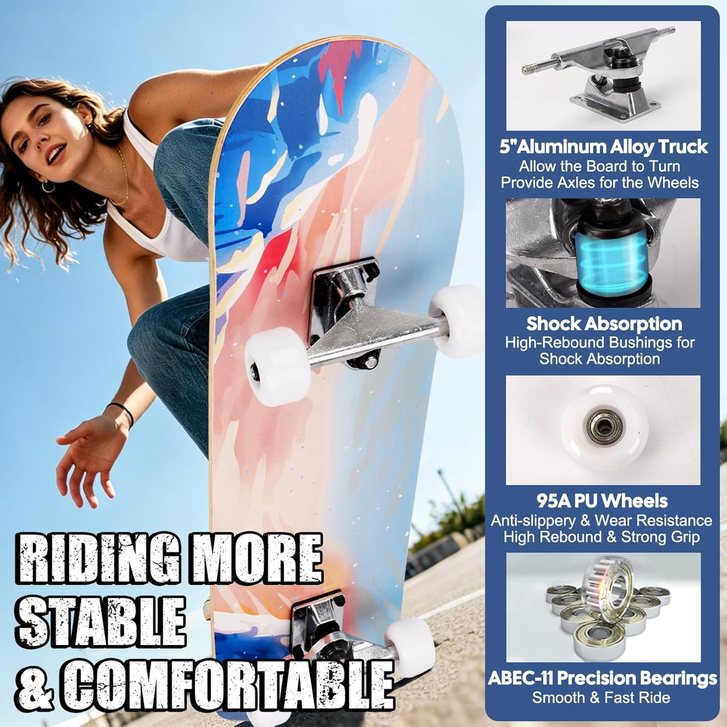 Skateboards for Beginners Adults Youths Teens Kids Girls Boys 31 Inch Pro Complete Skate Boards 7 Layer Canadian Maple Double Kick Concave Longboards