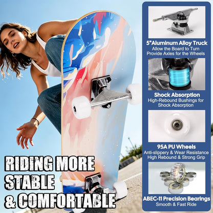 Skateboards for Beginners Adults Youths Teens Kids Girls Boys 31 Inch Pro Complete Skate Boards 7 Layer Canadian Maple Double Kick Concave Longboards