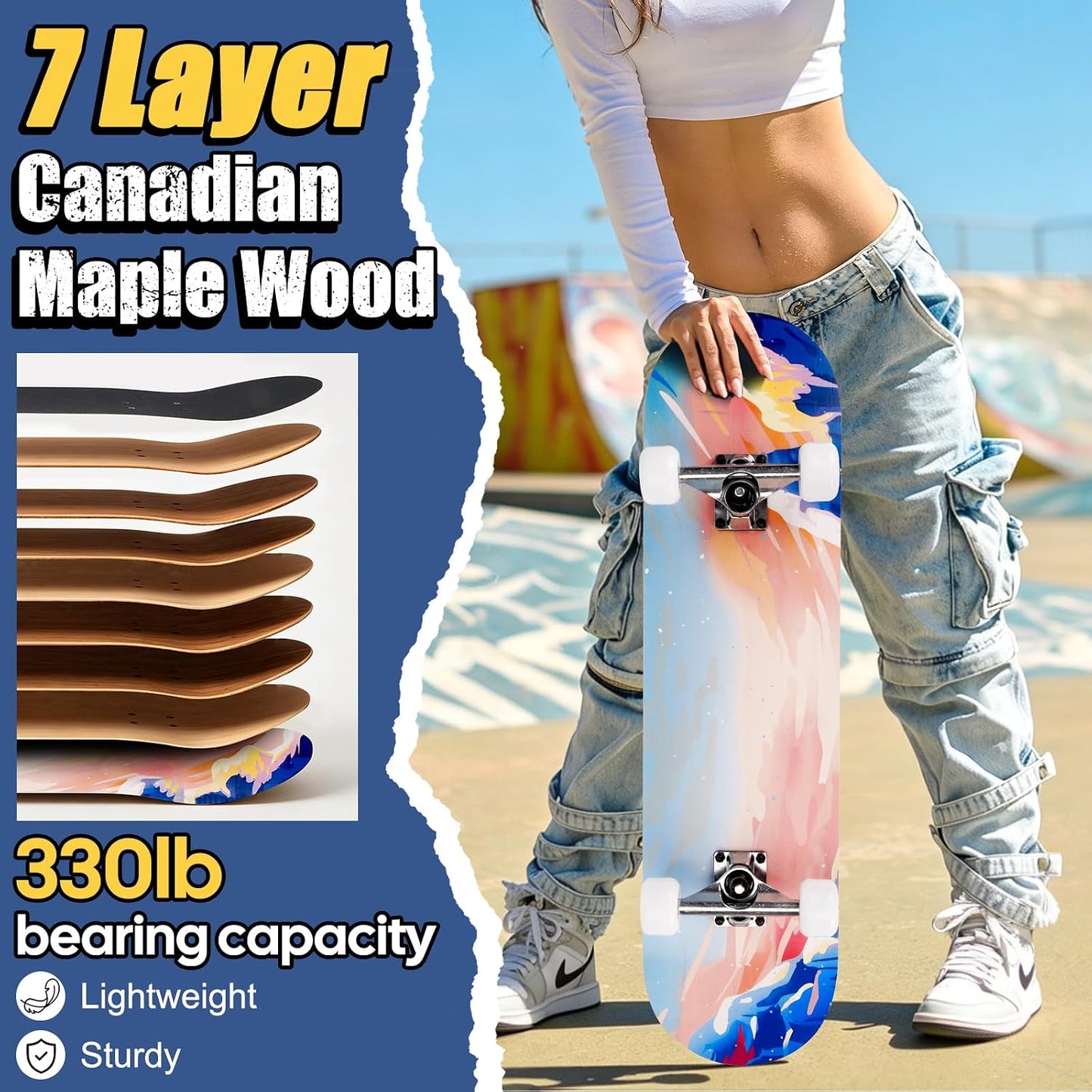 Skateboards for Beginners Adults Youths Teens Kids Girls Boys 31 Inch Pro Complete Skate Boards 7 Layer Canadian Maple Double Kick Concave Longboards