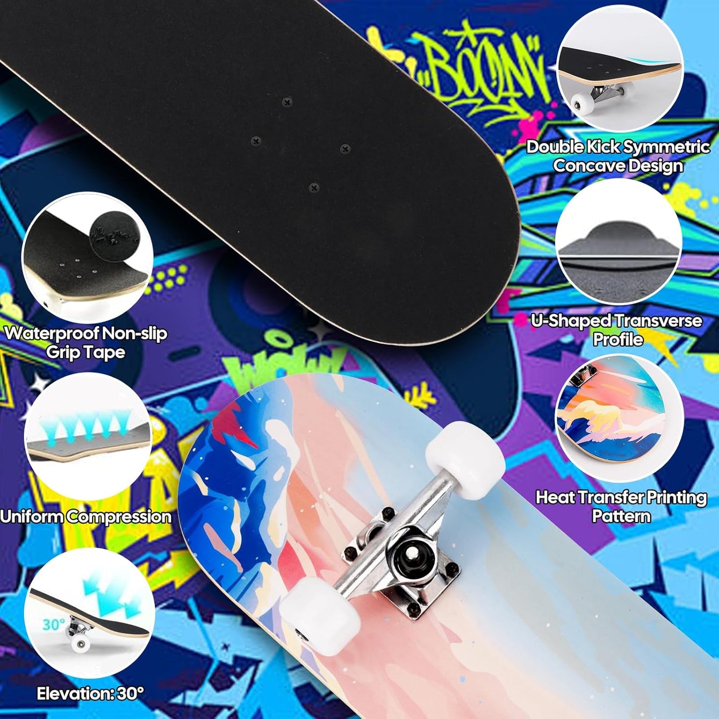 Skateboards for Beginners Adults Youths Teens Kids Girls Boys 31 Inch Pro Complete Skate Boards 7 Layer Canadian Maple Double Kick Concave Longboards