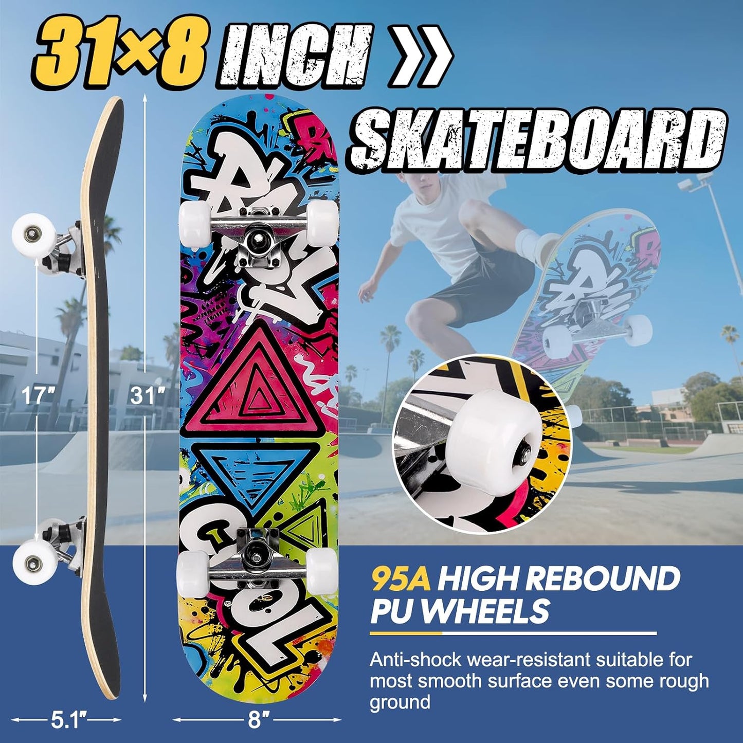 Skateboards for Beginners Adults Youths Teens Kids Girls Boys 31 Inch Pro Complete Skate Boards 7 Layer Canadian Maple Double Kick Concave Longboards