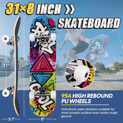 Skateboards for Beginners Adults Youths Teens Kids Girls Boys 31 Inch Pro Complete Skate Boards 7 Layer Canadian Maple Double Kick Concave Longboards
