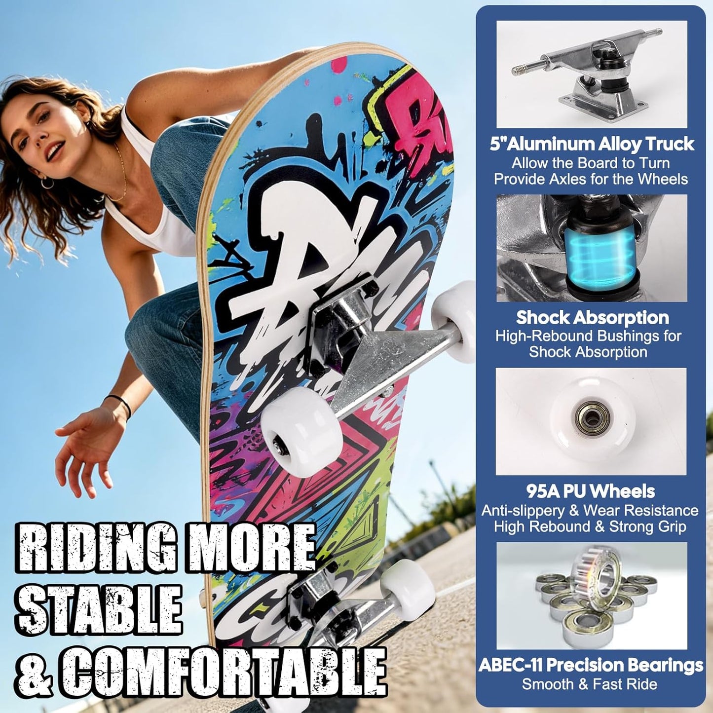 Skateboards for Beginners Adults Youths Teens Kids Girls Boys 31 Inch Pro Complete Skate Boards 7 Layer Canadian Maple Double Kick Concave Longboards