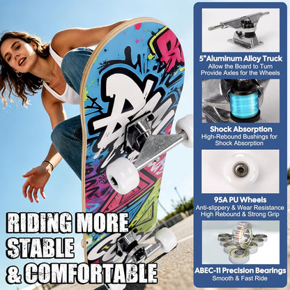 Skateboards for Beginners Adults Youths Teens Kids Girls Boys 31 Inch Pro Complete Skate Boards 7 Layer Canadian Maple Double Kick Concave Longboards