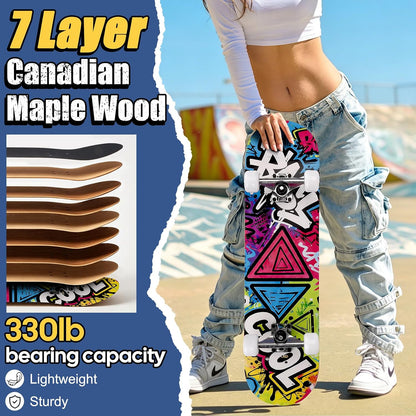 Skateboards for Beginners Adults Youths Teens Kids Girls Boys 31 Inch Pro Complete Skate Boards 7 Layer Canadian Maple Double Kick Concave Longboards