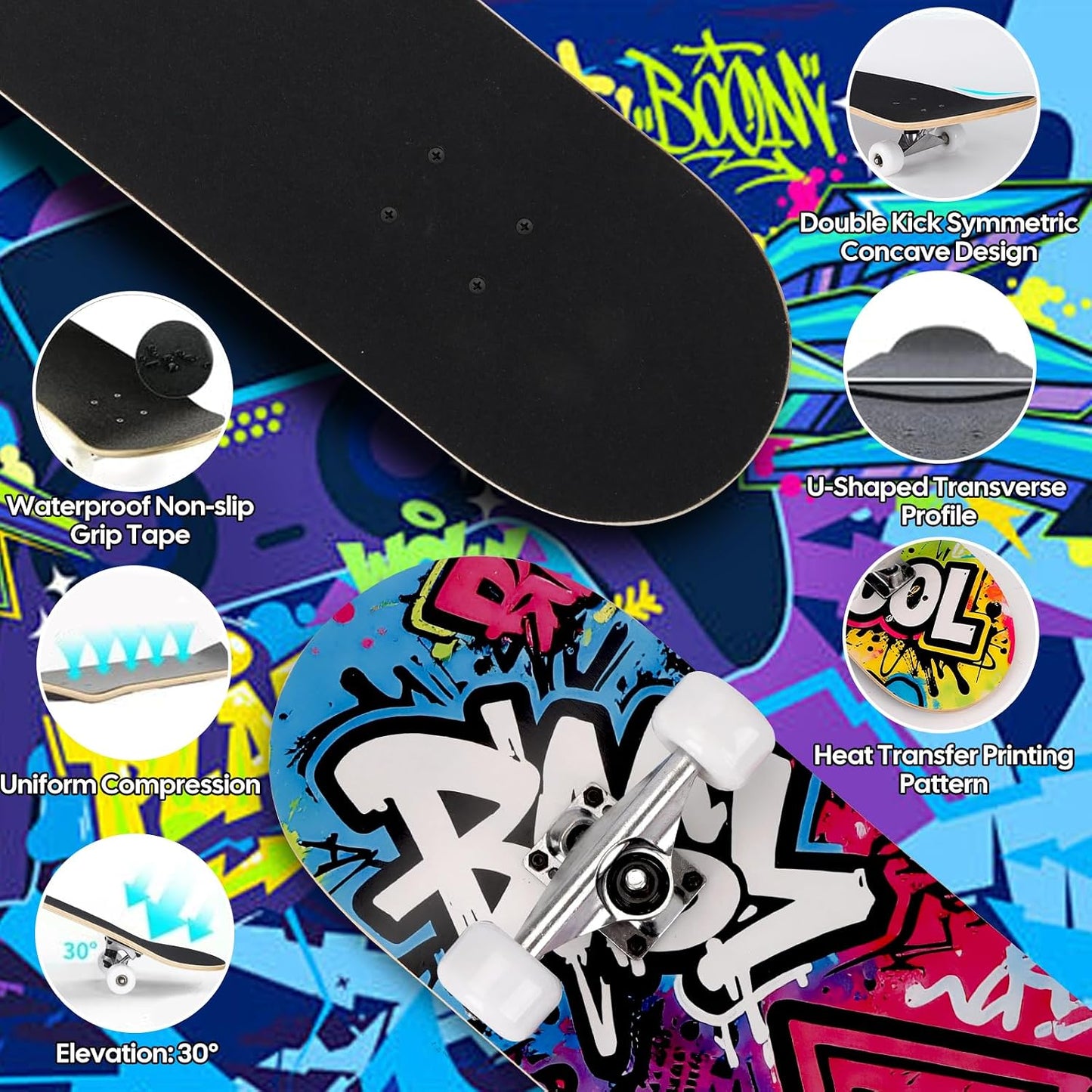 Skateboards for Beginners Adults Youths Teens Kids Girls Boys 31 Inch Pro Complete Skate Boards 7 Layer Canadian Maple Double Kick Concave Longboards