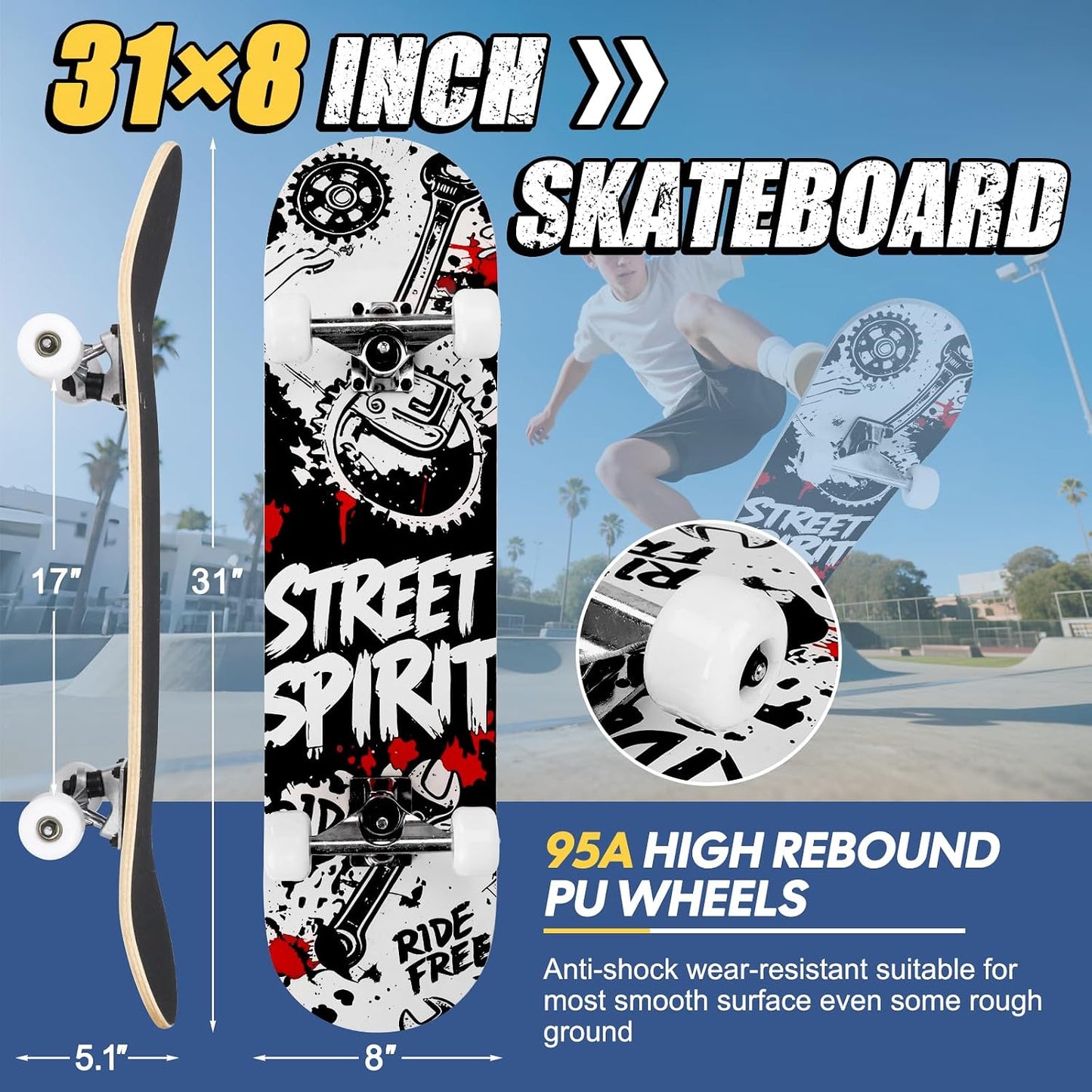 Skateboards for Beginners Adults Youths Teens Kids Girls Boys 31 Inch Pro Complete Skate Boards 7 Layer Canadian Maple Double Kick Concave Longboards