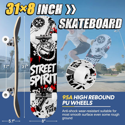 Skateboards for Beginners Adults Youths Teens Kids Girls Boys 31 Inch Pro Complete Skate Boards 7 Layer Canadian Maple Double Kick Concave Longboards