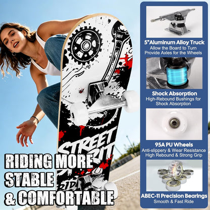 Skateboards for Beginners Adults Youths Teens Kids Girls Boys 31 Inch Pro Complete Skate Boards 7 Layer Canadian Maple Double Kick Concave Longboards