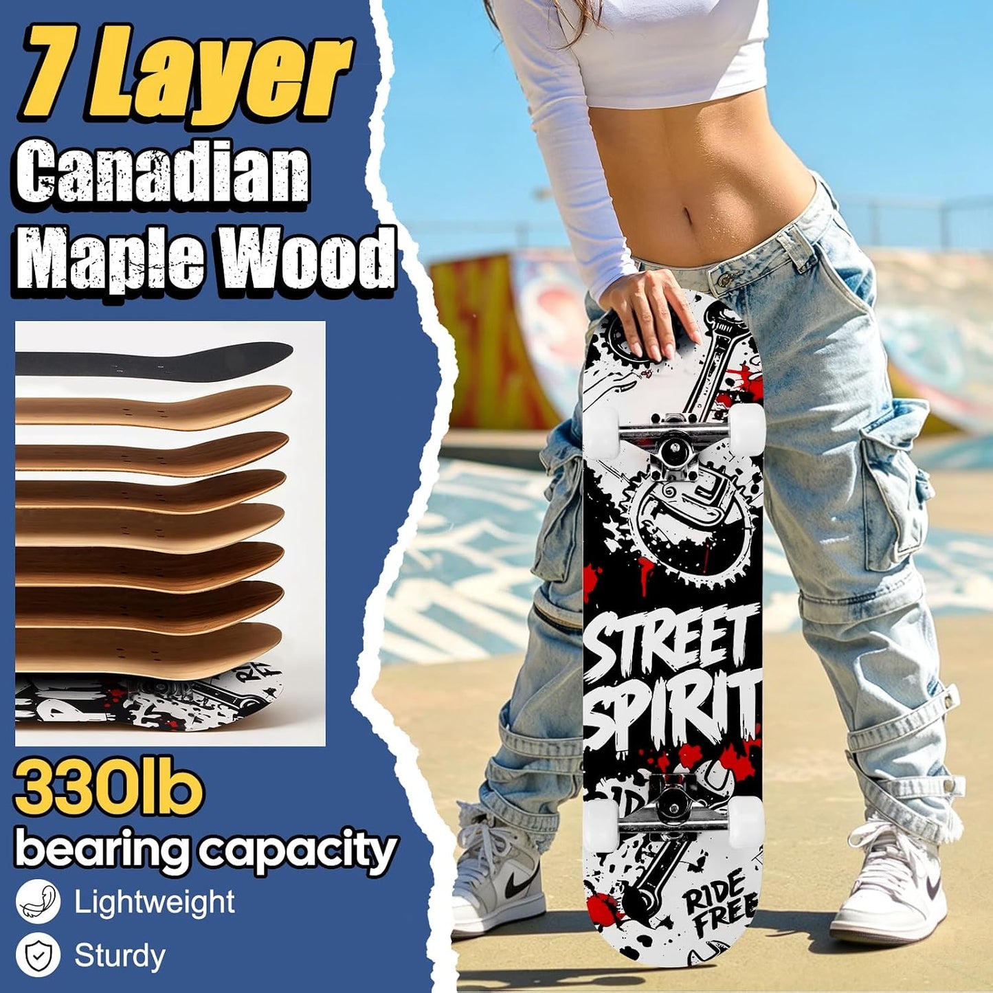 Skateboards for Beginners Adults Youths Teens Kids Girls Boys 31 Inch Pro Complete Skate Boards 7 Layer Canadian Maple Double Kick Concave Longboards