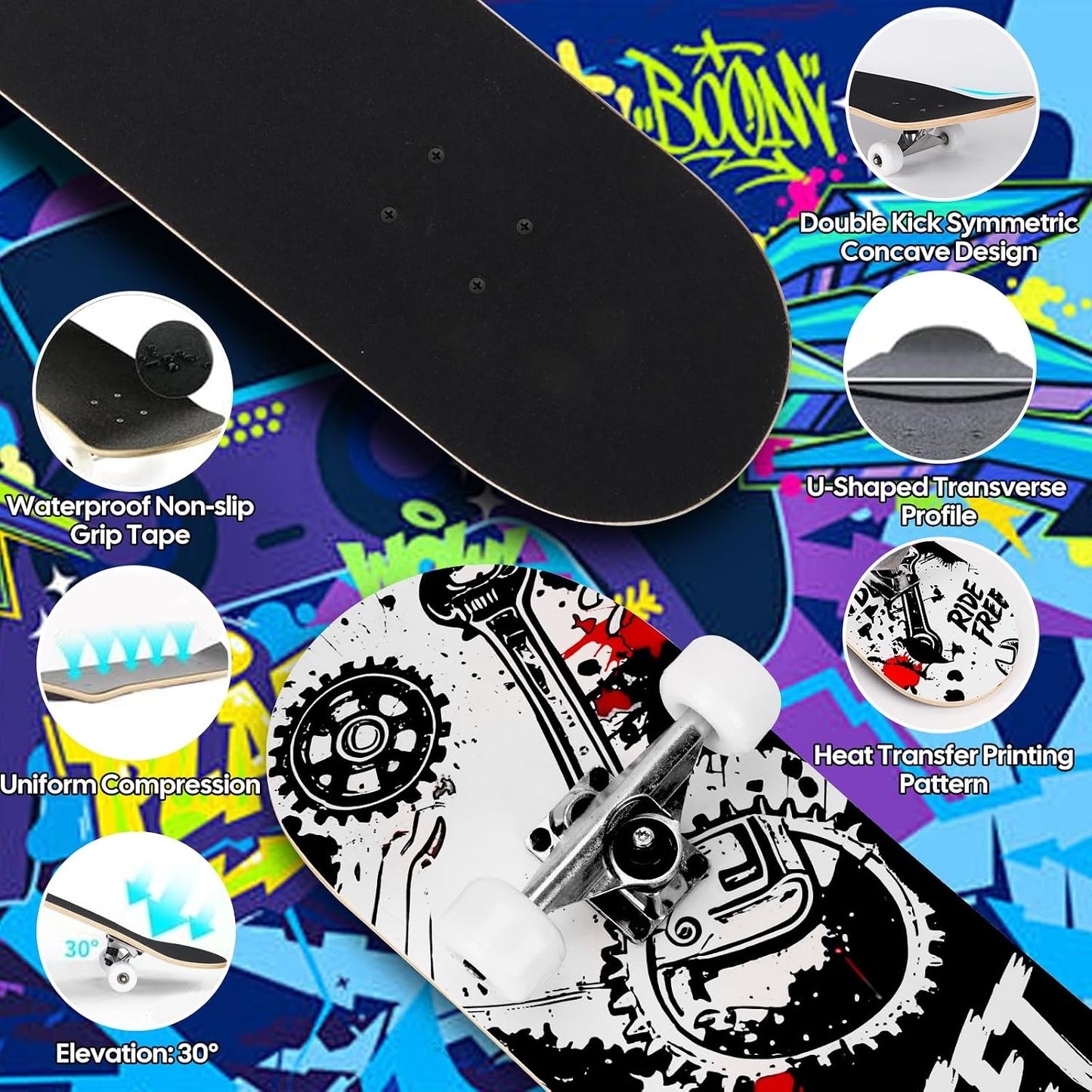 Skateboards for Beginners Adults Youths Teens Kids Girls Boys 31 Inch Pro Complete Skate Boards 7 Layer Canadian Maple Double Kick Concave Longboards