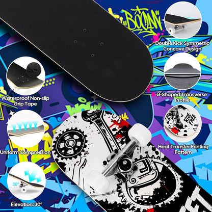 Skateboards for Beginners Adults Youths Teens Kids Girls Boys 31 Inch Pro Complete Skate Boards 7 Layer Canadian Maple Double Kick Concave Longboards