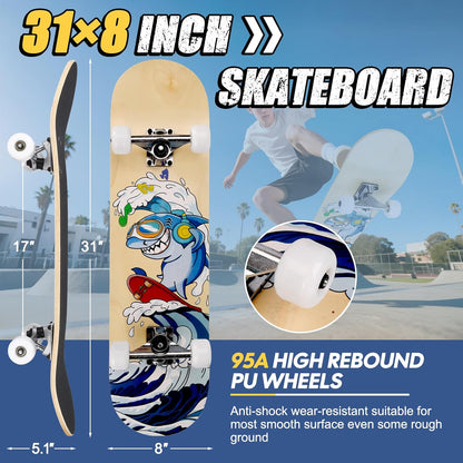 Skateboards for Beginners Adults Youths Teens Kids Girls Boys 31 Inch Pro Complete Skate Boards 7 Layer Canadian Maple Double Kick Concave Longboards
