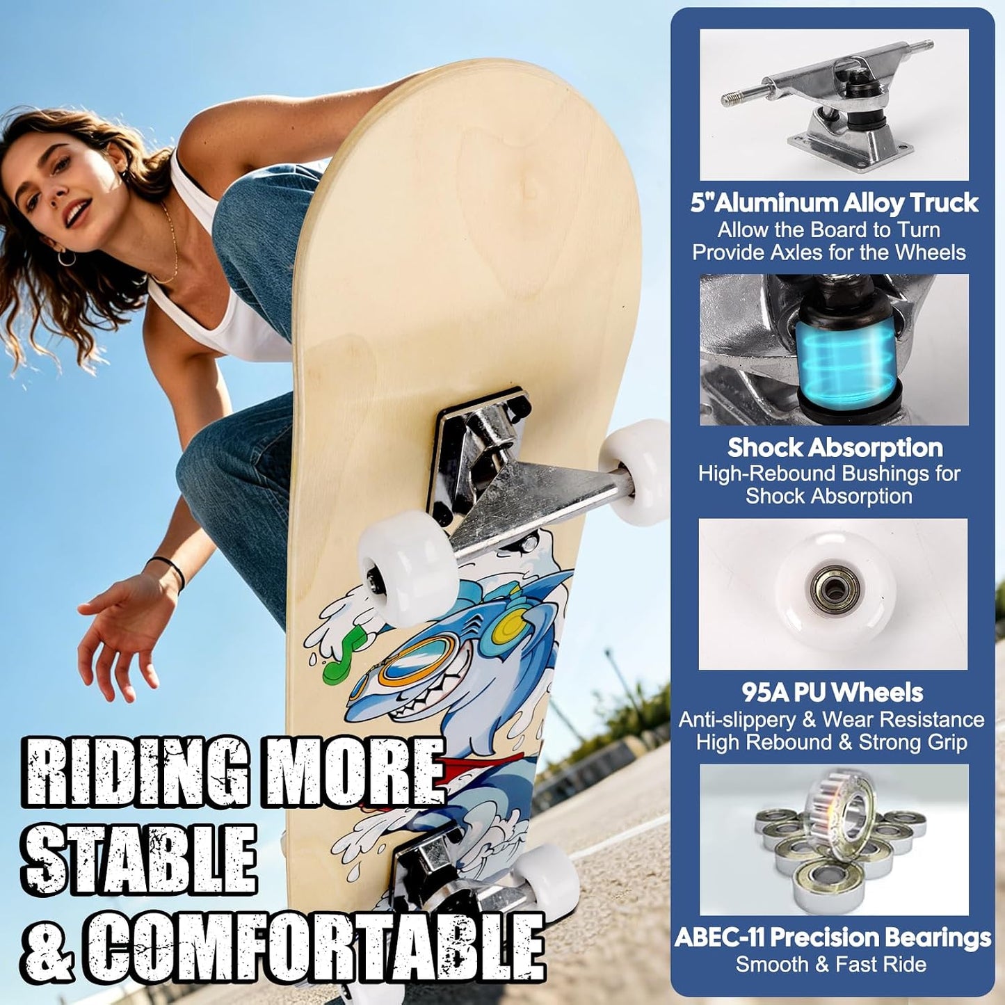Skateboards for Beginners Adults Youths Teens Kids Girls Boys 31 Inch Pro Complete Skate Boards 7 Layer Canadian Maple Double Kick Concave Longboards
