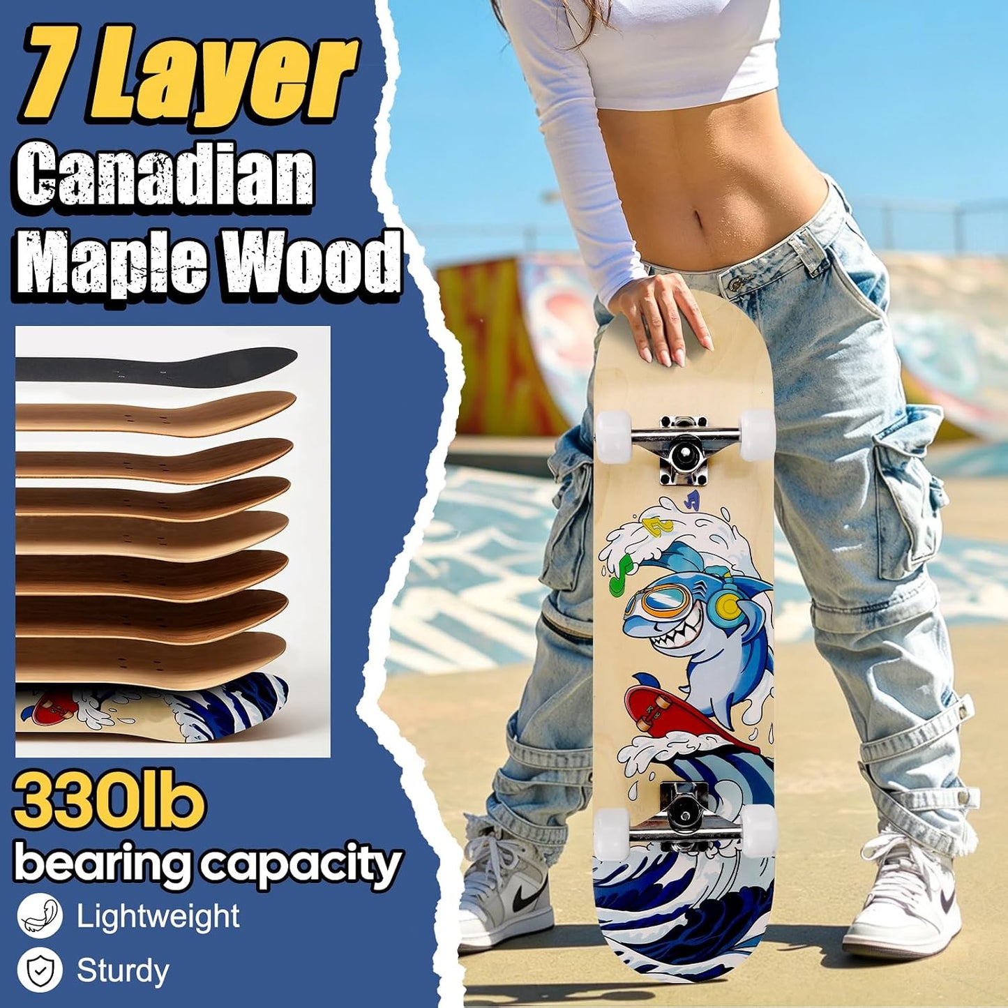 Skateboards for Beginners Adults Youths Teens Kids Girls Boys 31 Inch Pro Complete Skate Boards 7 Layer Canadian Maple Double Kick Concave Longboards