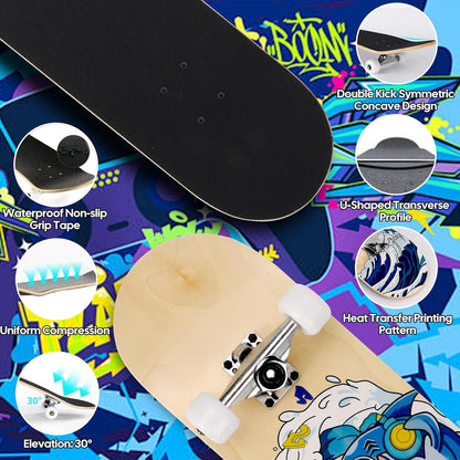 Skateboards for Beginners Adults Youths Teens Kids Girls Boys 31 Inch Pro Complete Skate Boards 7 Layer Canadian Maple Double Kick Concave Longboards